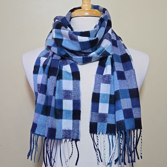 Plaid 100% Cashmere Scarf Unisex Fringed Made in Scotland Checkered Gingham - Picture 1 of 9
